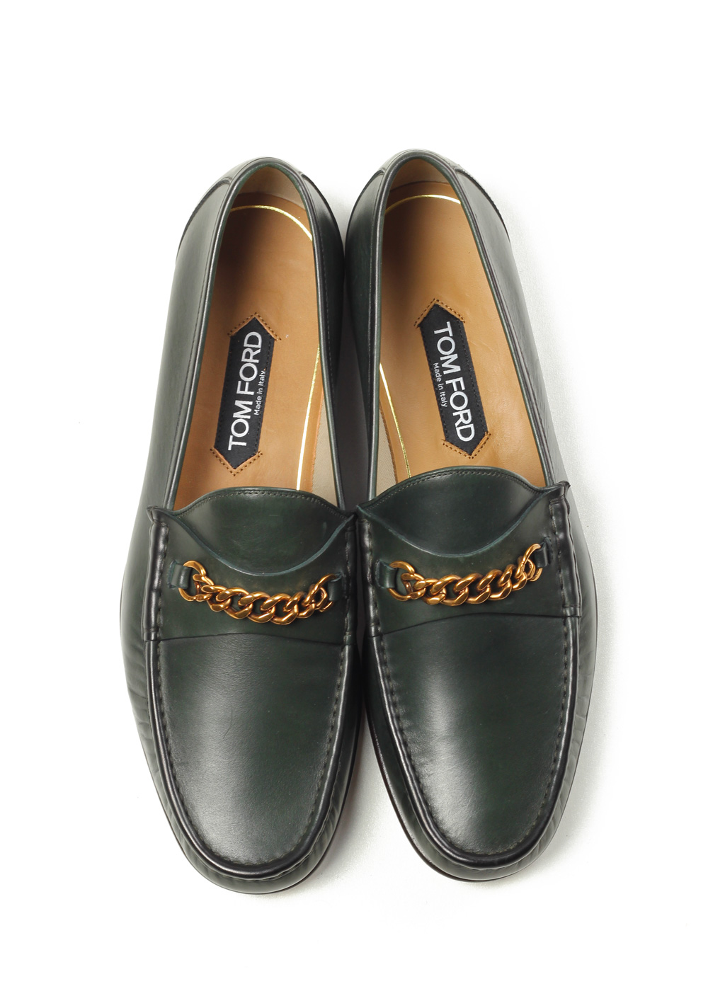 TOM FORD York Green Leather Chain Loafers Shoes Size 10,5 UK / 11,5 . |
