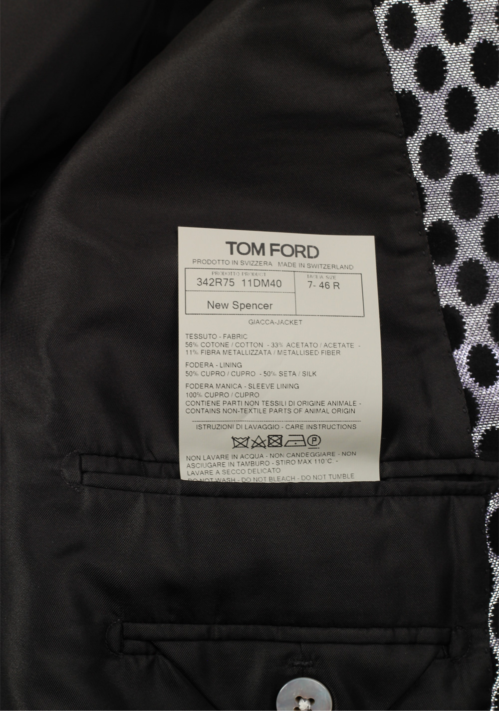 TOM FORD New Spencer Black Silver Sport Coat Size 46 / 36R U.S. | Costume Limité