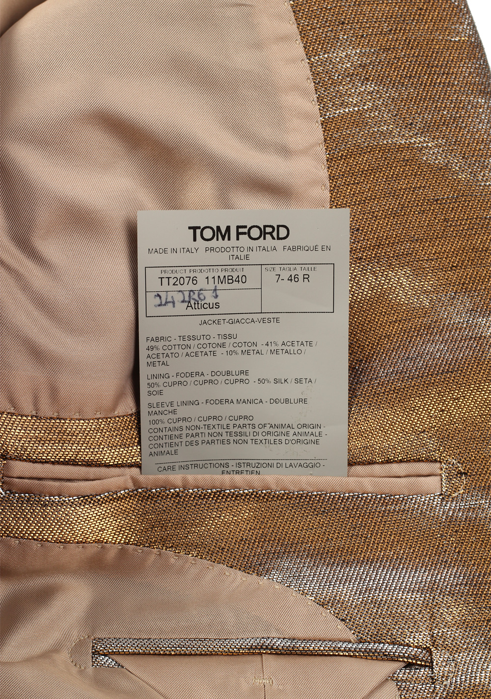 TOM FORD Atticus Gold Sport Coat Size 46 / 36R U.S. | Costume Limité